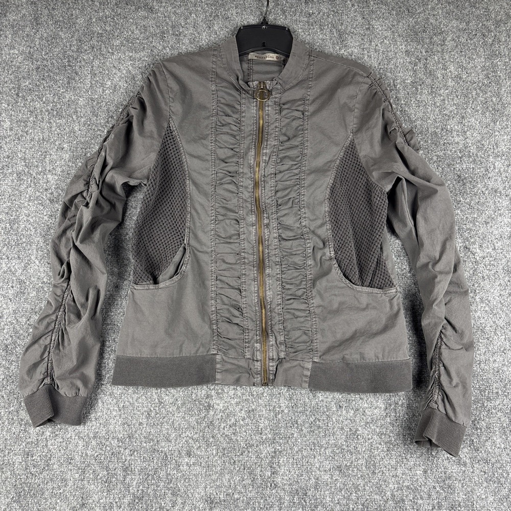 XCVI Wearables Orrick Bomber Jacket Gray Cotton Mesh Ruched Zip Womens L 14210W